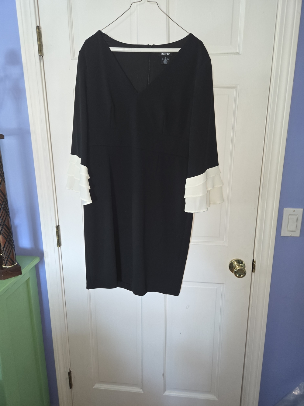 DKNY Black Dress with White Ruffle Sleeves -L
